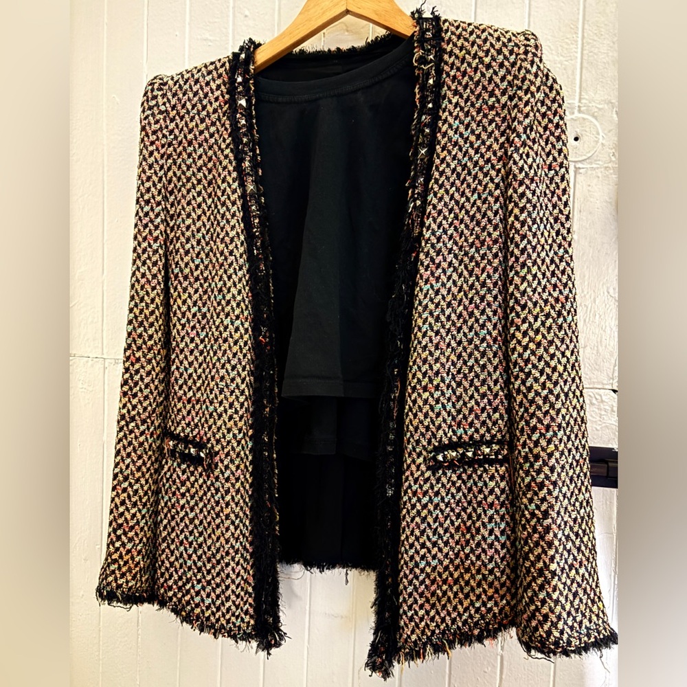 Zara Textured Pink Black Tweed Frayed Blazer Jacket Boucle Metal Studs US S